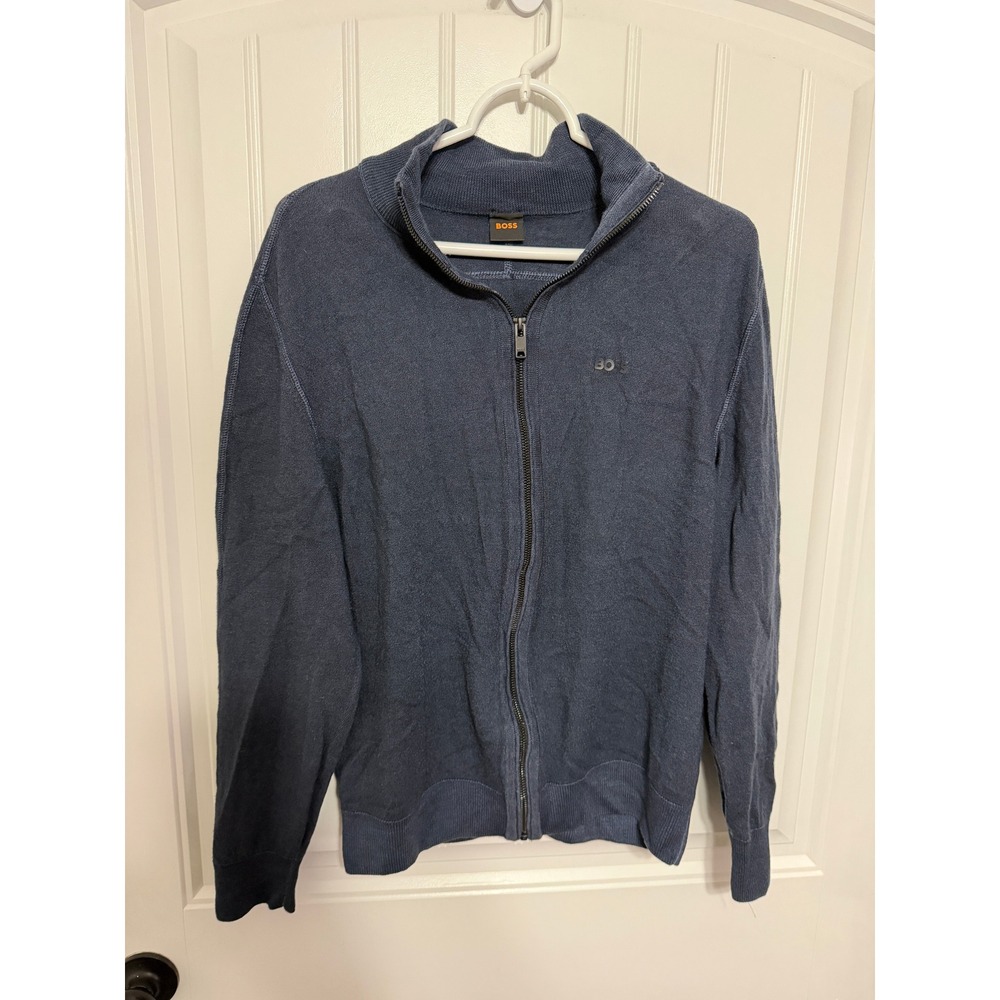 Hugo Boss Cardigan Sweater Mens XL Navy Blue Full Zip Mock Neck Logo EUC